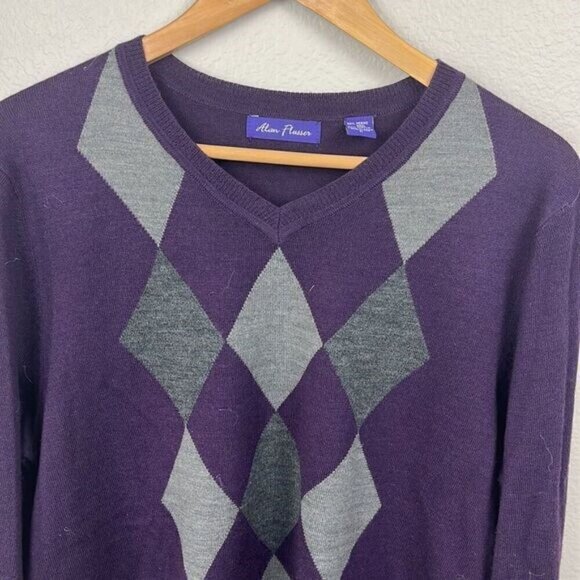 Alan Flusser Purple Argyle Sweater Merino Wool Long Sleeve V-Neck Relaxed L - Picture 4 of 8